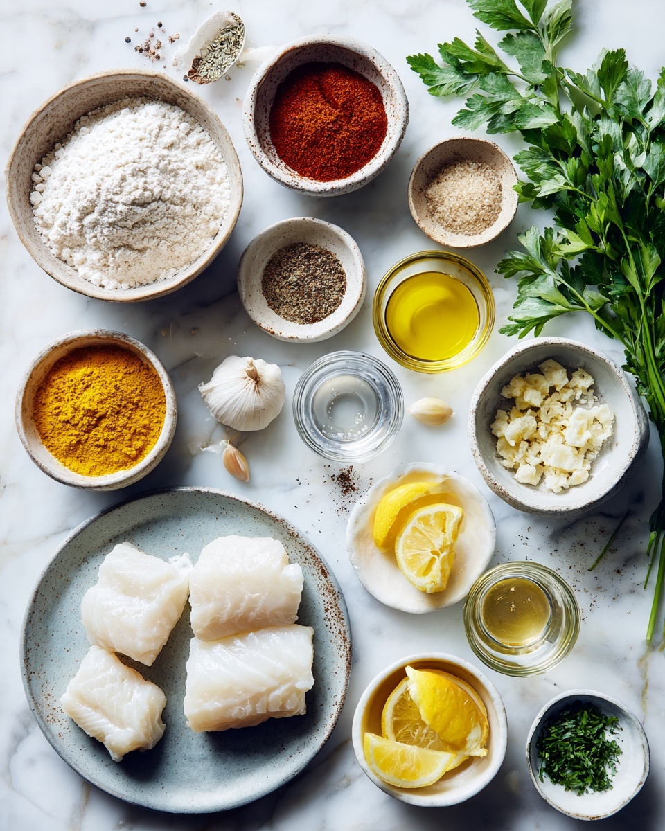 Top-down professional food photography flat lay style, bright white marble countertop, neatly arranged, evenly spaced, tidy, clean organized layout, include: bowl of all-purpose flour, small bowls of ground coriander, sweet Spanish paprika, ground cumin, salt, black pepper, small glass cups of fresh lemon juice, extra virgin olive oil, melted butter, small plate with garlic cloves (minced), small plate with fresh chopped parsley leaves, pieces of prepared white fish fillet, bright soft natural lighting, sharp focus, high detail textures, realistic reflections, professional DSLR look, 4K, no finished dish, no cooked food, no hands, no text, no watermark, no brand logos --ar 4:5 --v 7