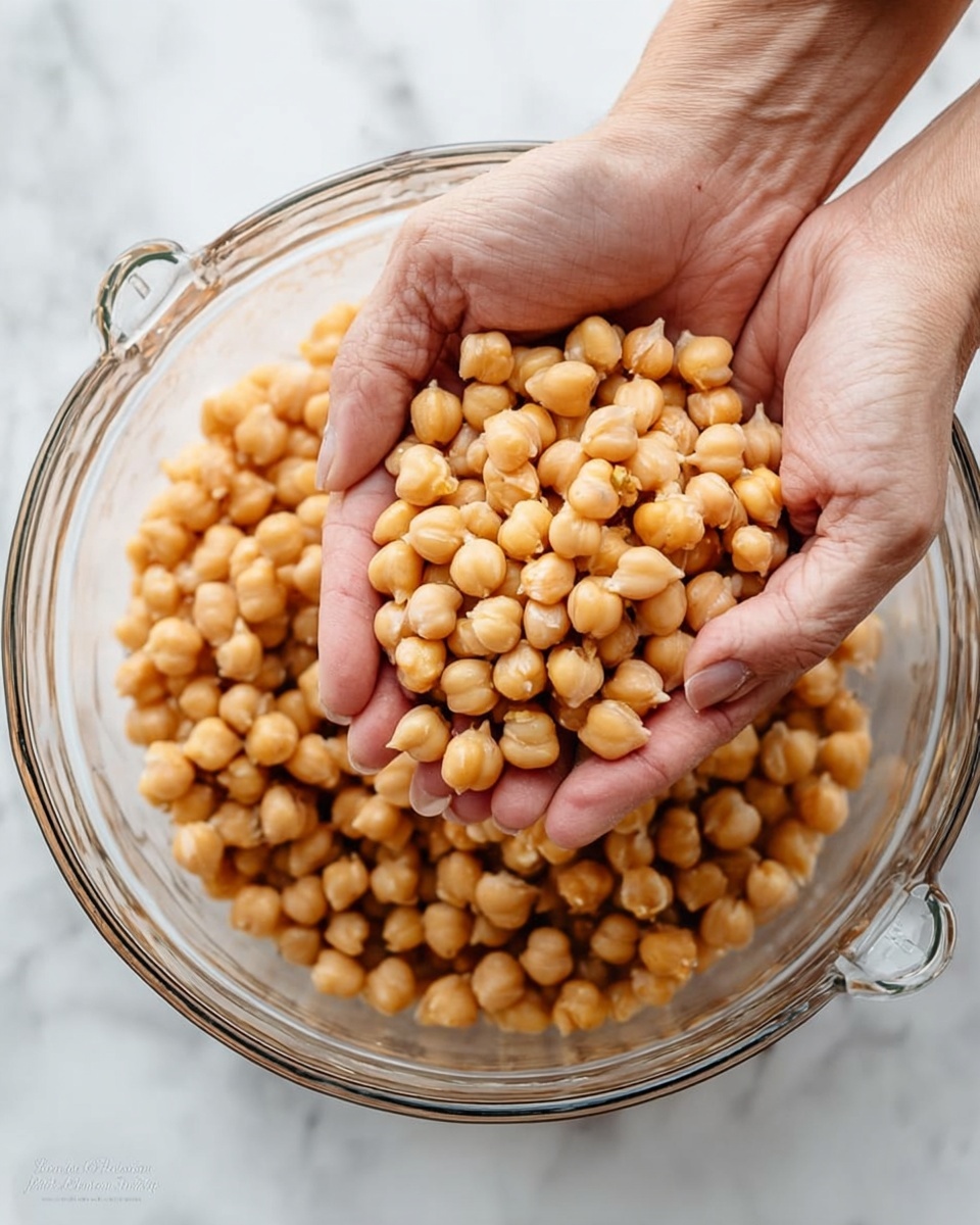 A close-up top view shows a clear glass bowl full of light brown chickpeas sitting on a white marbled surface. Two woman's hands are gently holding a handful of chickpeas above the bowl, with the smooth, rounded shapes of the chickpeas clearly visible. The bowl is round with small handles on the sides, and the skin tones of the hands contrast softly against the soft beige color of the chickpeas. The bright lighting highlights the texture and roundness of the chickpeas. photo taken with an iphone --ar 4:5 --v 7