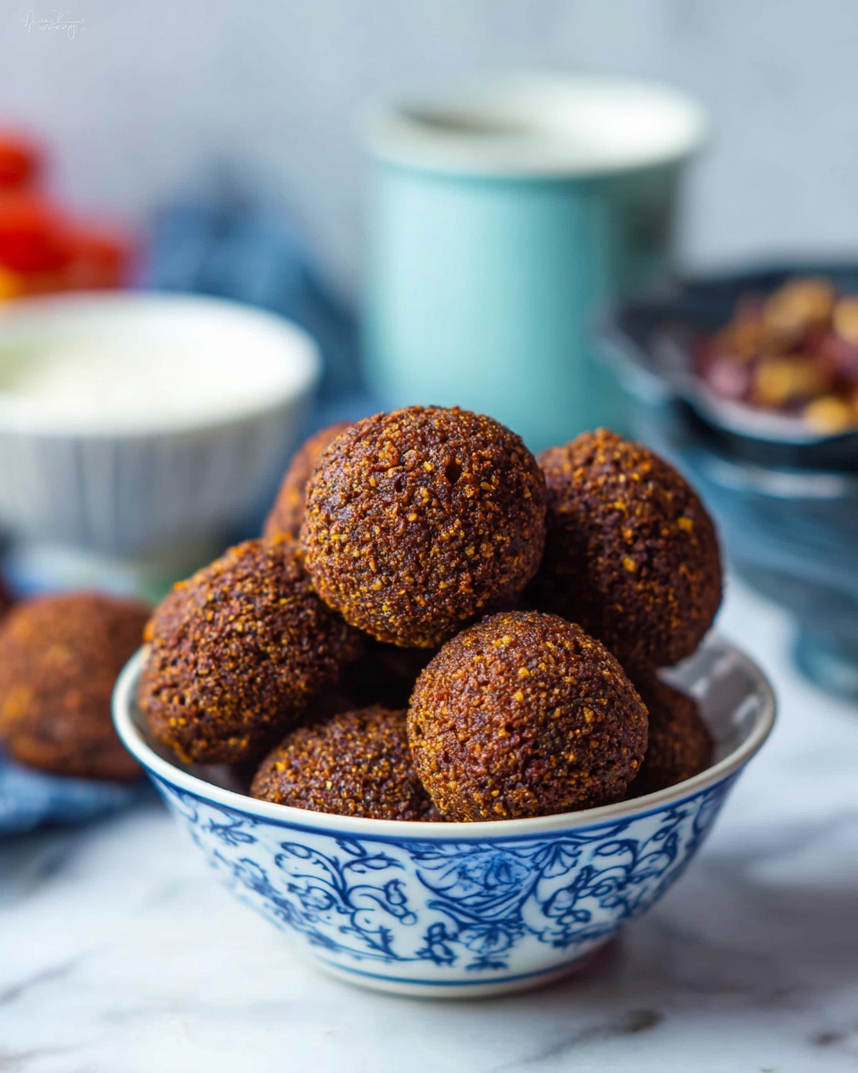 A white bowl with blue patterns is filled with about nine round, dark brown falafel balls stacked in a small pile. The falafel balls have a rough, grainy texture showing bits of yellow and black spices, giving them a crispy, crunchy look. Behind the bowl, there are blurred items including a light blue cup, a white bowl, and a small dark blue dish, all placed on a white marbled surface. The scene is bright and close-up, focusing on the falafel balls. photo taken with an iphone --ar 4:5 --v 7
