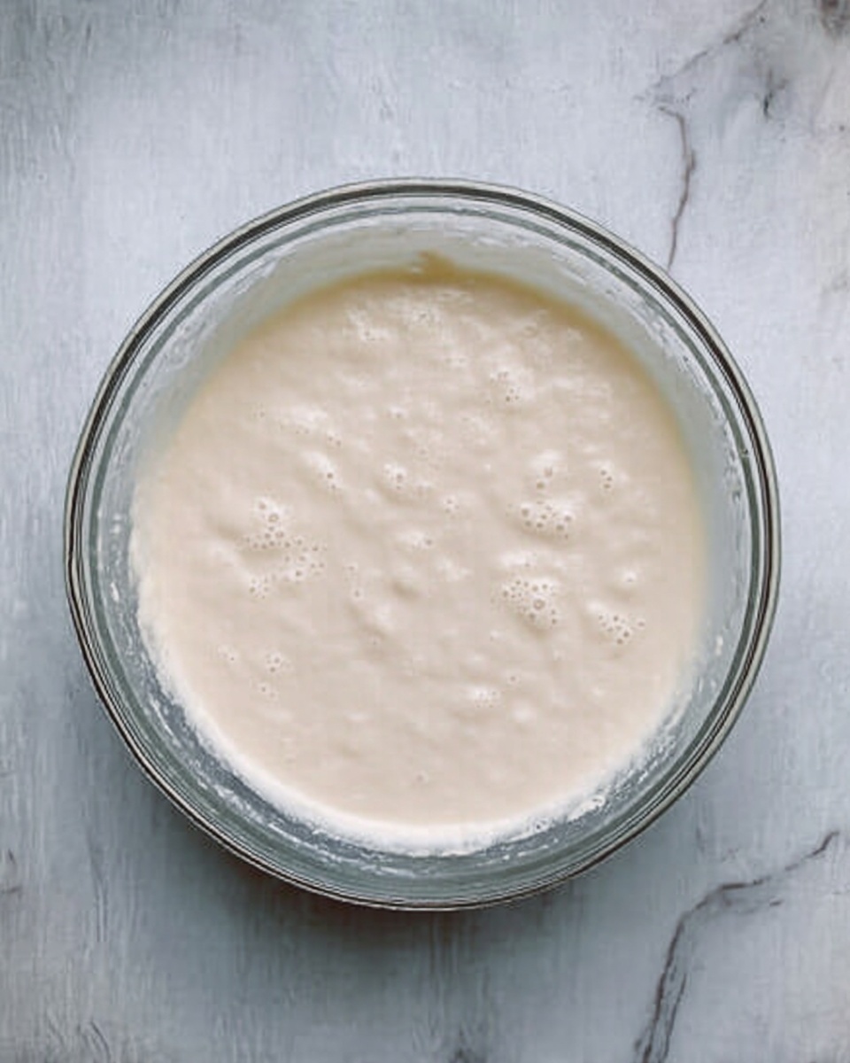 A clear glass bowl sits on a white marbled surface, filled with a thick, light beige batter that has small bubbles and a smooth texture on top. The edges of the batter touch the sides of the bowl, showing it is slightly thick but spread evenly. The glass bowl is round and transparent, making the white marbled surface visible beneath. Photo taken with an iphone --ar 4:5 --v 7