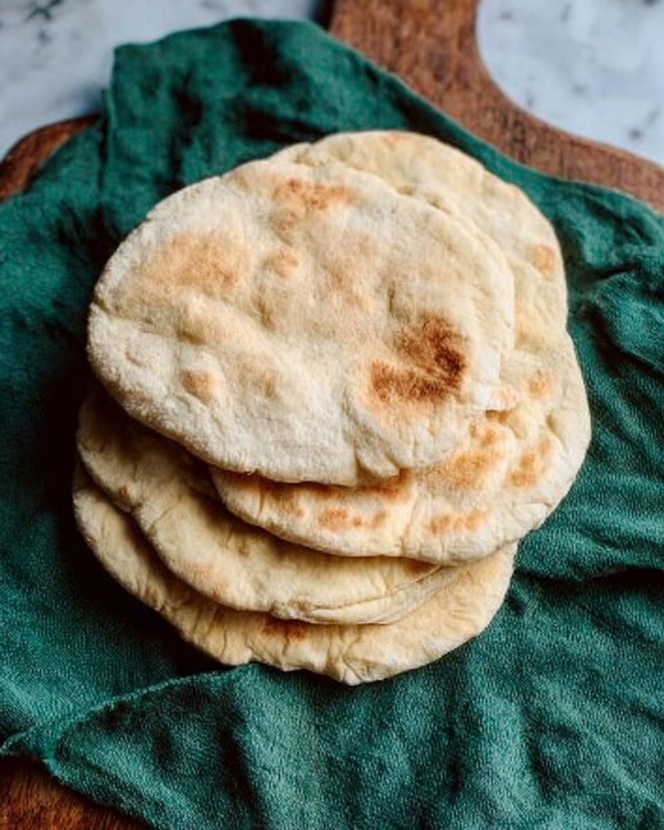The image shows five round flatbreads stacked on each other, with slightly uneven edges and a golden-brown toasted color with some light spots. They are resting on a green cloth, which covers a wooden board beneath. The background is a white marbled texture. The flatbreads look soft with a few small air pockets on the surface, showing a fresh and homemade feel. photo taken with an iphone --ar 4:5 --v 7