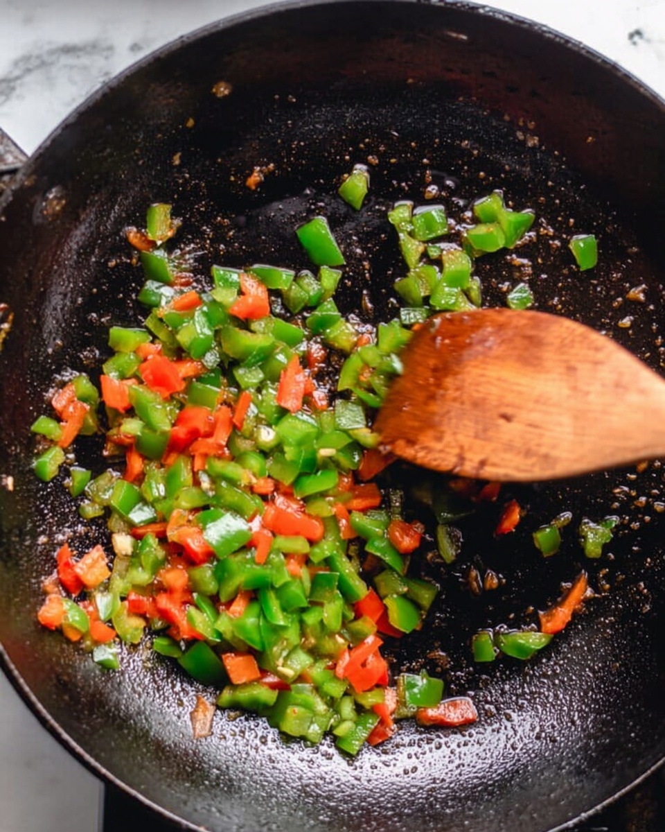 Inside a black cast iron pan, small pieces of green and red bell peppers are being cooked with a wooden spoon stirring them gently from the top right side. The bell peppers show a shiny, soft texture with some slight browning, scattered evenly on the black surface of the pan, which has a rough, matte finish. The edge of the pan reveals its depth and dark grey color. The woman's hand holding the wooden spoon is not visible. The background is a white marbled texture. photo taken with an iphone --ar 4:5 --v 7