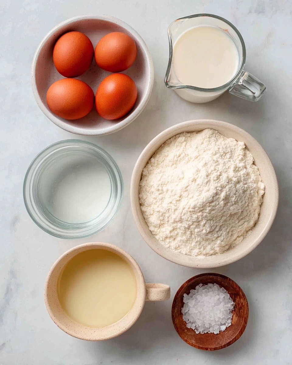 The image shows six bowls and containers arranged on a white marbled surface. On the top left, three brown eggs sit together in a white bowl with a smooth texture. To the right of the eggs is a clear glass measuring cup filled with white milk, its handle facing right. Below the eggs, there is a small white bowl filled with clear water. Next to this bowl, on the right, is a larger white bowl full of off-white flour with a slightly coarse texture. Below the water, a beige ceramic cup holds a pale yellow liquid, and to its right, a small wooden bowl contains coarse white salt crystals. The setup is neat and well-lit, capturing a clean and simple cooking preparation scene photo taken with an iphone --ar 4:5 --v 7