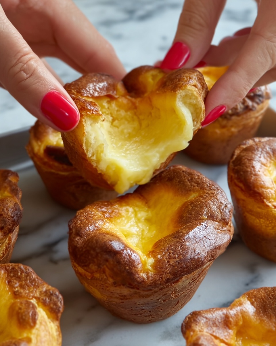 A close-up view of a dessert pastry being opened by a woman's hands with red nail polish; the pastry is round with a thick, golden-brown crust showing a soft yellow inside. The background includes more similar pastries resting on a white marbled surface. The lighting highlights the texture and slight gloss of the crust, emphasizing the contrast between the crispy outside and the soft interior. Photo taken with an iphone --ar 4:5 --v 7