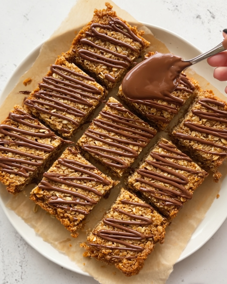A white plate holds a sliced oat bar dessert arranged in a 3x3 grid on top of parchment paper. Each bar is golden brown with visible oats and a drizzle of smooth milk chocolate in curvy lines across the top. There is a woman's hand holding a spoon on the right side, with some chocolate on the spoon, ready to scoop. The background features a white marbled surface. photo taken with an iphone --ar 4:5 --v 7