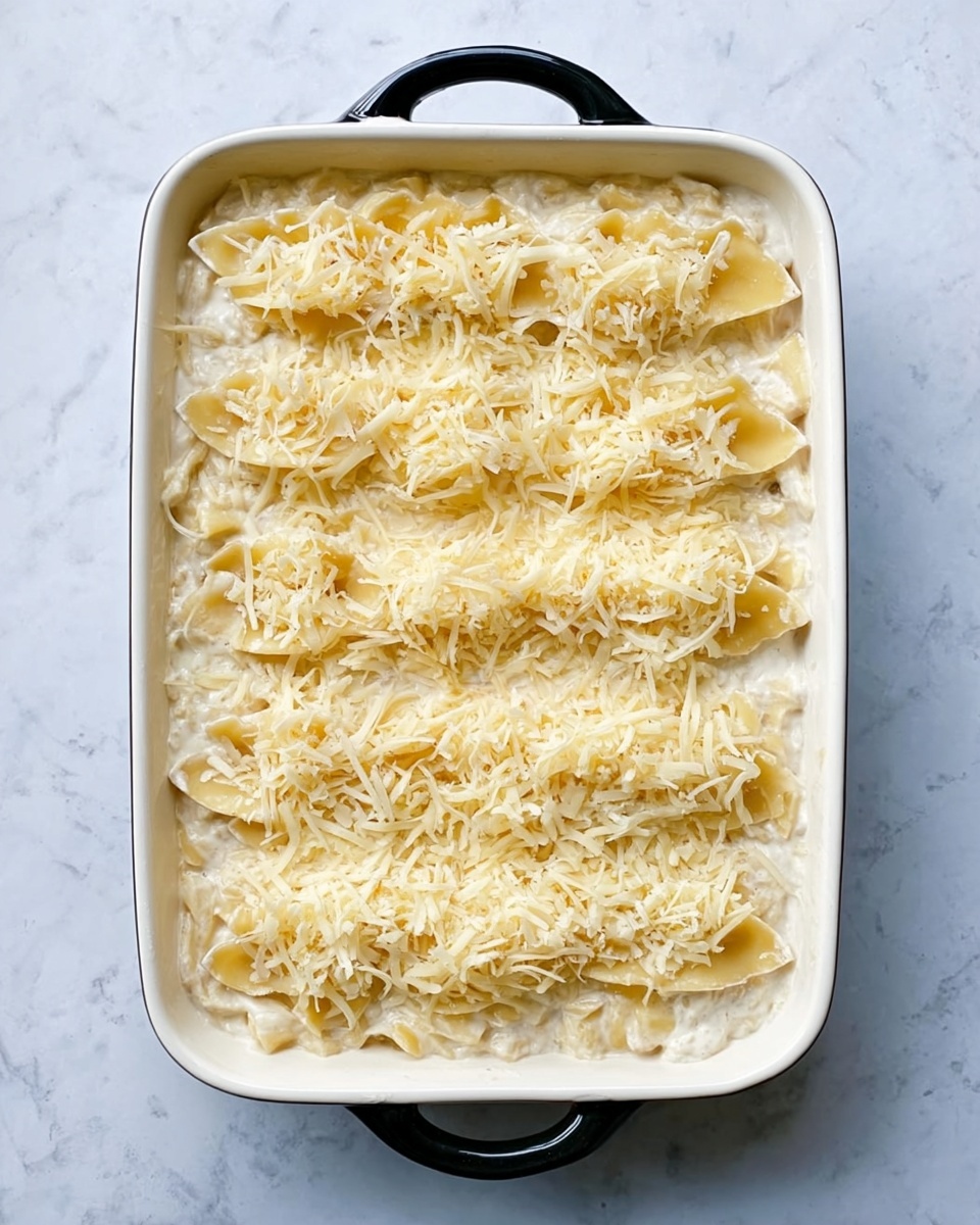 A white rectangular dish with two black handles is filled with a layered pasta bake. The bottom layer shows creamy white sauce spread evenly across the base. On top are several clusters of pale yellow, uncooked pasta arranged in rows. The entire surface is covered with a generous amount of shredded light yellow cheese, giving the top a soft, crumbly texture. The dish is placed on a white marbled surface. photo taken with an iphone --ar 4:5 --v 7