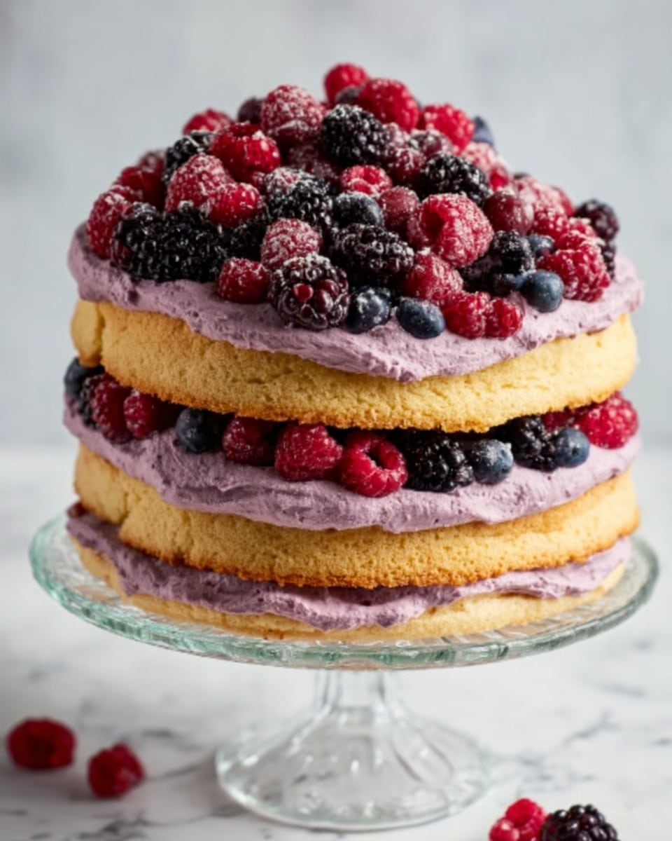 A tall, four-layer cake sits on a clear glass cake stand over a white marbled surface. Each layer of the cake is a light golden yellow color with a soft, crumbly texture. Between each layer, there is a thick spread of light purple cream that looks smooth and fluffy. On top of the cake, there is a generous pile of fresh mixed berries including red raspberries, blackberries, and blueberries, giving a rich red, black, and dark blue color contrast. Some berries have a shiny, fresh look with small droplets of moisture, and a few berries are scattered loosely at the base of the cake stand. Photo taken with an iphone --ar 4:5 --v 7