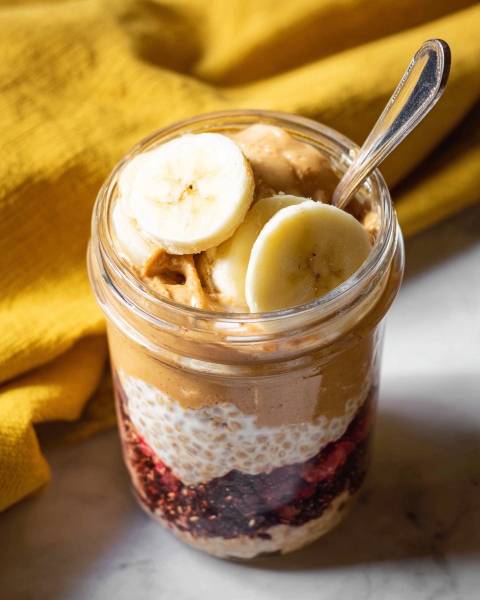 The image shows a close-up of a clear glass jar filled with layers of different foods. At the bottom, there are dark brown and red bits that seem like fruit or seeds, giving a rough texture. Above that, there's a thick layer of creamy peanut butter in light brown color, slightly mixed with white yogurt. On top, several slices of banana with a pale yellow color rest, showing a smooth and soft texture. A spoon is placed on the right side inside the jar. The background is a white marbled surface and behind the jar, there is a yellow cloth. Photo taken with an iphone --ar 4:5 --v 7