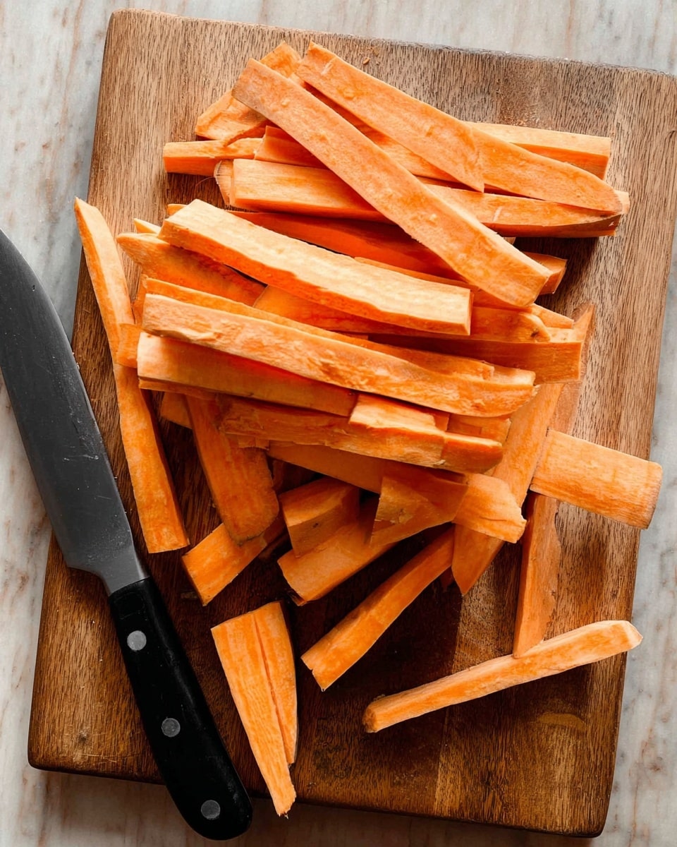 A wooden cutting board is filled with many thick, long sticks of bright orange sweet potato, some showing the lighter inner flesh. The sweet potato sticks are piled loosely, with natural rough edges and varied thickness. A sharp knife with a black handle rests on the bottom left side of the cutting board. The background has a white marbled texture. photo taken with an iphone --ar 4:5 --v 7