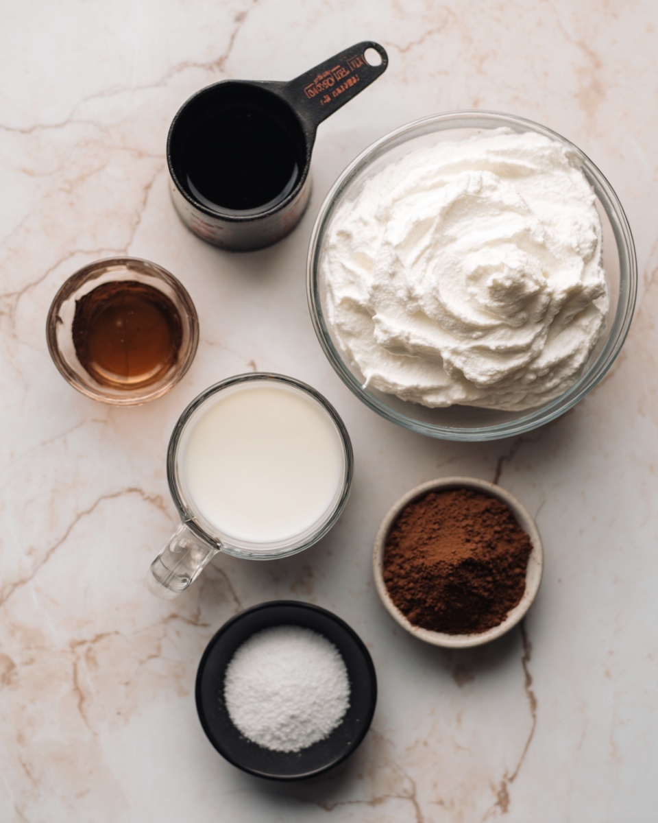 The image shows six small containers with ingredients arranged on a white marbled surface. On the top right, there is a clear glass bowl filled with fluffy white whipped cream. To the left is a black measuring cup with a dark liquid inside. Below it is a clear glass measuring cup with white milk. Next to the milk, slightly right, is a small clear glass container with a brown liquid. On the bottom left is a small black bowl with white powdery salt. On the bottom right is a black measuring cup filled with brown cocoa powder. The containers and ingredients are spread out with some space between them, all seen from above. photo taken with an iphone --ar 4:5 --v 7