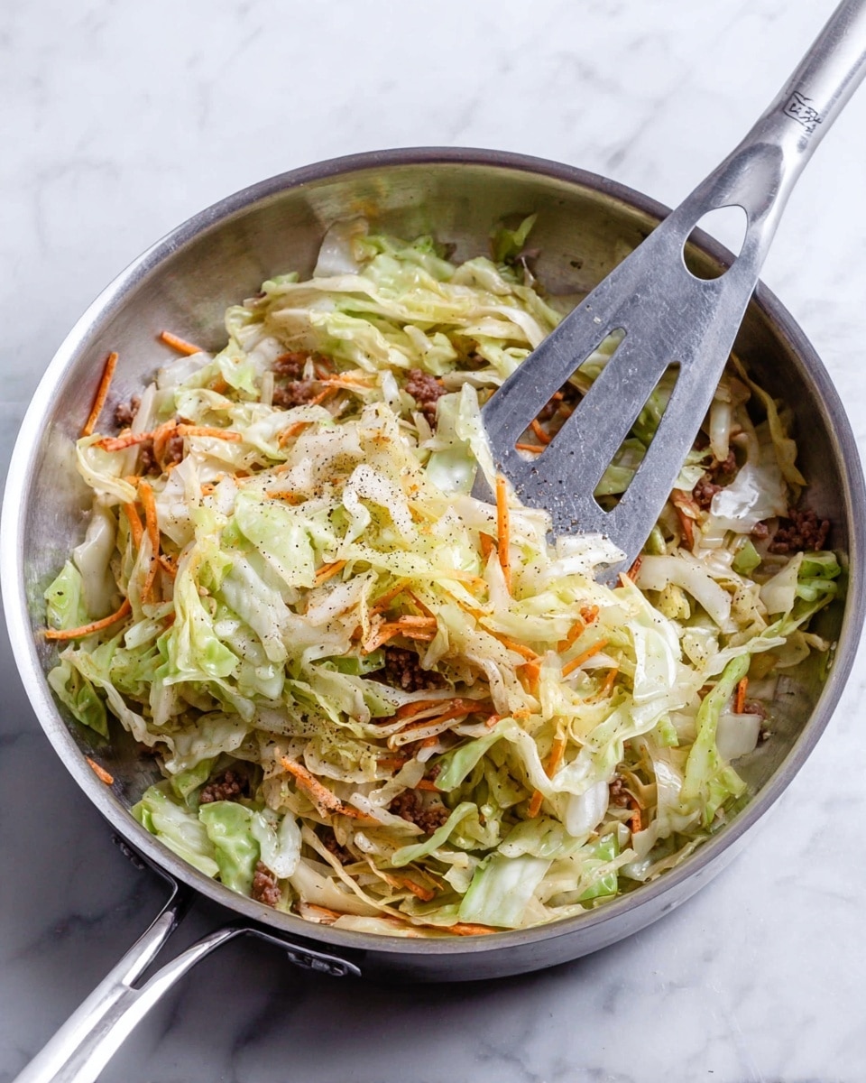 A shiny silver pan is filled with layers of thinly sliced light green and white cabbage on top mixed with thin orange carrot strips and small pieces of cooked brown meat underneath. Some black pepper is sprinkled over the cabbage, and a large silver spatula is resting inside the pan, pressing slightly into the vegetables. The pan sits on a white marbled surface. photo taken with an iphone --ar 4:5 --v 7