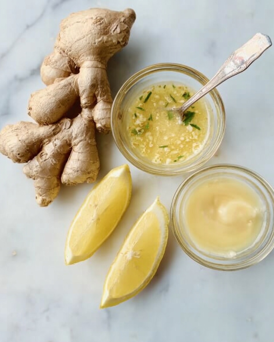 The image shows a white marbled surface with a cluster of light brown ginger roots on the left side. In front of the ginger, there are three lemon wedges arranged diagonally, their bright yellow skin and pale yellow inner flesh clearly visible. Near the top right, there are two small clear glass bowls: the left one contains a light yellow sauce with green herb pieces and a silver spoon inside, while the right bowl holds a thicker, pale yellow sauce. Photo taken with an iphone --ar 4:5 --v 7