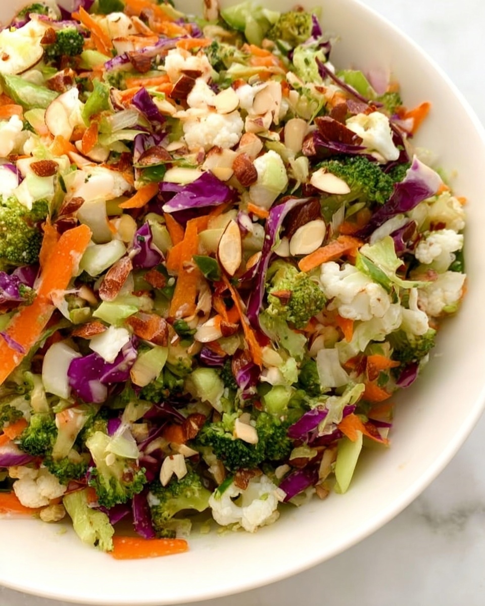 The image shows a close-up of a white bowl filled with a colorful mixed salad. The salad has small chopped pieces of bright green broccoli, orange carrot strips, purple cabbage, white cauliflower bits, and brown almond slices, all mixed together evenly. The background is a white marbled surface. photo taken with an iphone --ar 4:5 --v 7