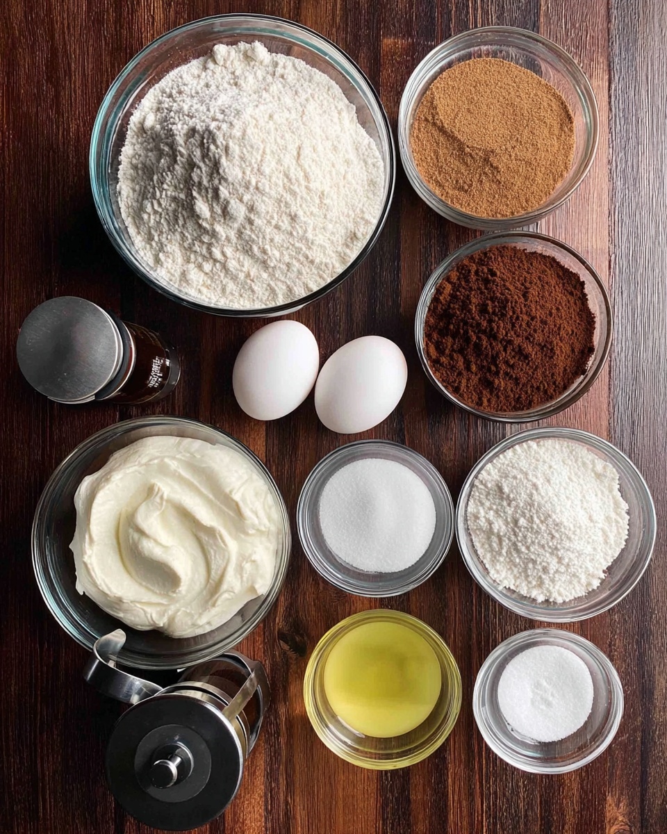 Nine clear glass bowls with different ingredients are arranged on a dark wooden surface: a large bowl with white flour at the top center, a medium bowl with light brown sugar to the right, a medium bowl with cocoa powder to the left, two medium bowls below the flour with white granulated sugar in the middle and light yellow oil to the right. Below these are two white eggs placed side by side in the center, a bowl with thick white sour cream to the left, a small bowl with white powder (baking soda and salt) to the right, and a small dark bottle below the eggs, possibly vanilla extract. At the bottom left is a black French press coffee maker. Photo taken with an iphone --ar 4:5 --v 7
