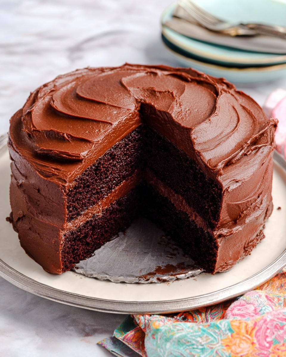 A rich chocolate cake with two dark, moist layers separated by a smooth chocolate frosting layer in between. The outside of the cake is fully covered with the same shiny chocolate frosting, which is spread with swirled textures on the top. A big slice is taken out, showing the even thickness of each layer. The cake is placed on a round white plate with a silver rim, set on a white marbled surface with some colorful cloth edges visible near the bottom photo taken with an iphone --ar 4:5 --v 7
