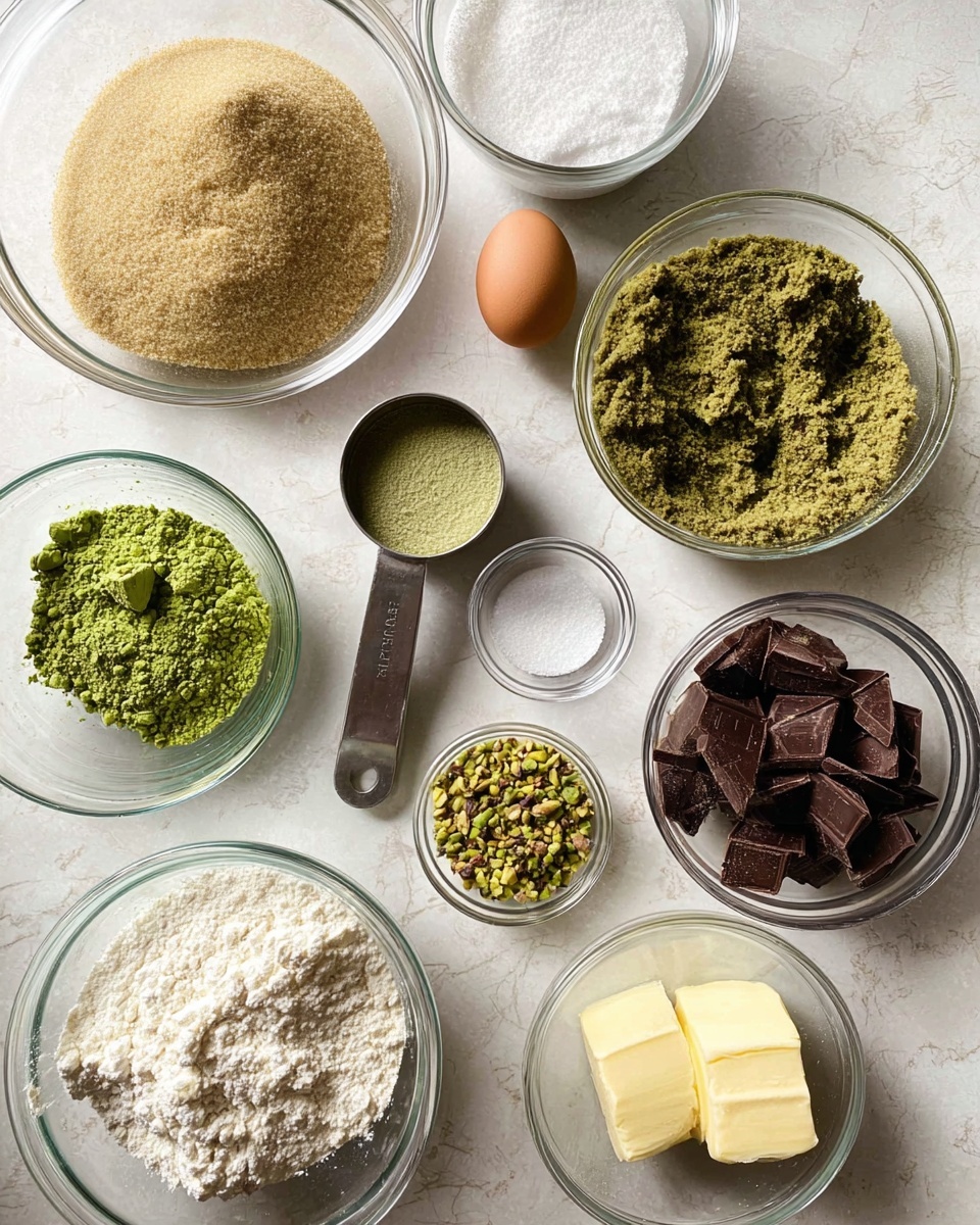 The image shows various clear glass bowls and a metal measuring cup arranged on a white marbled surface. There are 9 items in total: light beige brown sugar in a large bowl, bright green matcha powder in a small bowl, a dense greenish paste in a medium bowl, white granulated sugar in a small bowl, a whole brown egg, chopped dark chocolate chunks in a metal measuring cup, light green finely ground pistachios in a small bowl, plain white flour in a large bowl, and pale yellow softened butter in a medium bowl. The colors and textures vary from powdery to chunky, and the bowls’ transparency shows the contents clearly, all neatly arranged together photo taken with an iphone --ar 4:5 --v 7