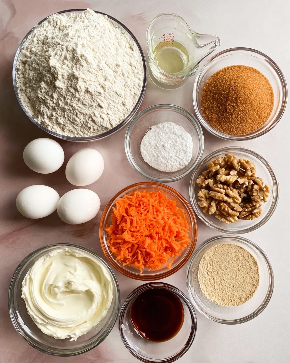 The image shows a clear collection of ingredients arranged on a white marbled surface. There are ten separate clear glass bowls and cups filled with different ingredients: a large bowl of white flour with a soft powdery texture at the top center, a medium bowl filled with light brown sugar to the right of the flour, a small bowl of white granulated sugar beside the brown sugar, a small bowl with grated orange carrots at the bottom center, and another small bowl with chopped walnuts to the left of the carrots. Below the flour and near the carrots are three white eggs. To the left of the eggs is a clear glass measuring cup filled with clear oil. In the middle near the bottom is a round bowl containing smooth white sour cream, and to the right of the sour cream is a small bowl with a beige ground spice and white powder. In front of the flour, there is a small bowl of dark maple syrup with a shiny, thick liquid texture. The items are neatly placed in close proximity, all on a white marbled surface. photo taken with an iphone --ar 4:5 --v 7