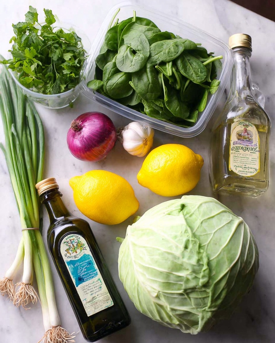 The image shows fresh ingredients neatly arranged on a white marbled surface. There is a round, pale green cabbage in the center, surrounded by two bright yellow lemons that have a smooth texture. Near the lemons, there is a small purple shallot next to a white garlic bulb. To the upper left, there is a clear plastic container filled with vibrant green spinach leaves, and above that, another clear container holds fresh green herbs with leafy textures. On the right side, there is a bottle of rice vinegar with a light golden color and a small bunch of green onions with white roots. In the bottom left corner, a dark green bottle of organic extra virgin olive oil is positioned with a golden cap. Photo taken with an iphone --ar 4:5 --v 7