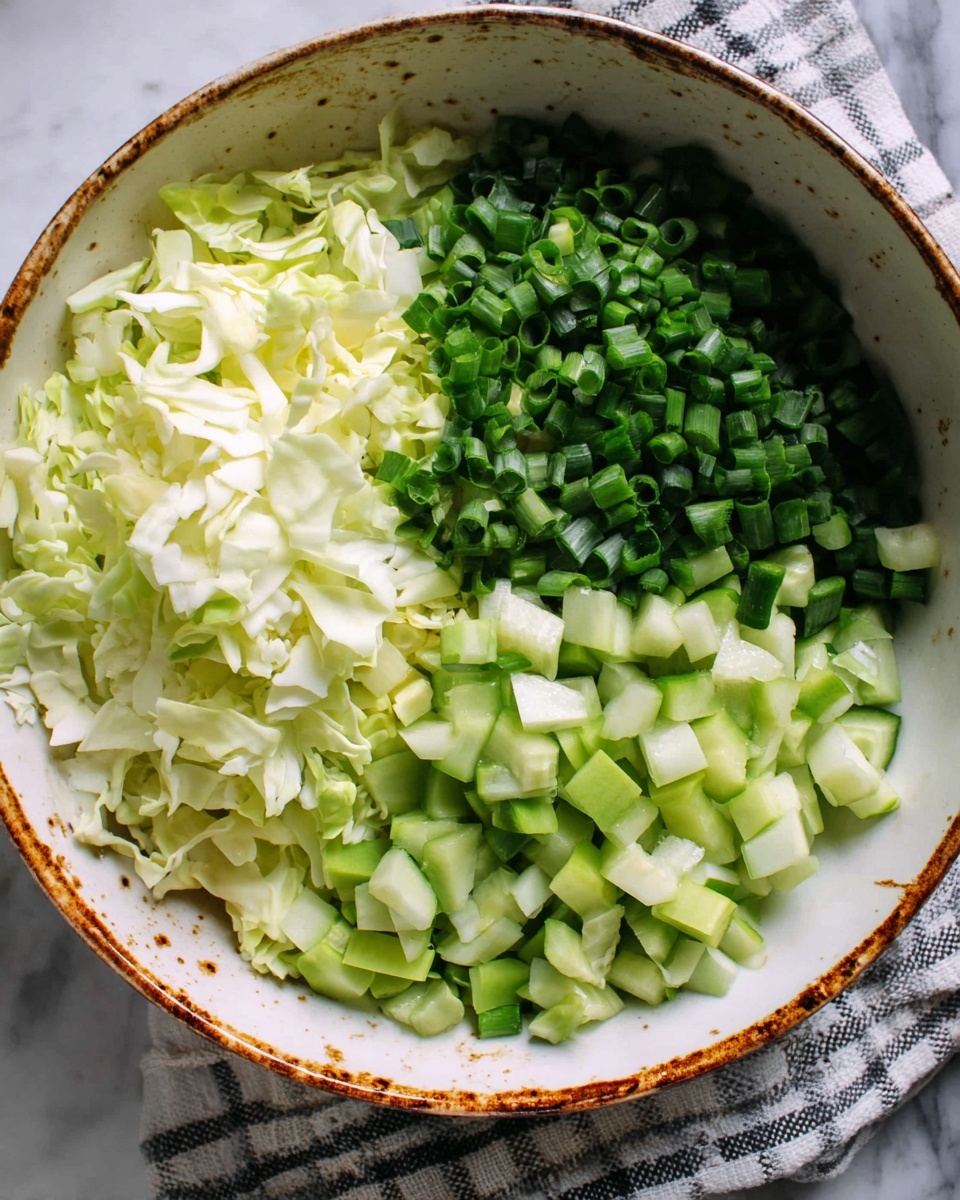 A close-up view of a round bowl filled with chopped vegetables divided into four sections: pale green chopped cabbage on the left, bright green chopped spring onions on the top right, dark green chopped chives at the bottom, and medium green chopped cucumber cubes on the right side. The bowl is white with a rustic brown rim and small brown specks around its edge. The bowl rests on a white marbled surface with a gray and white checkered cloth partially visible underneath. photo taken with an iphone --ar 4:5 --v 7
