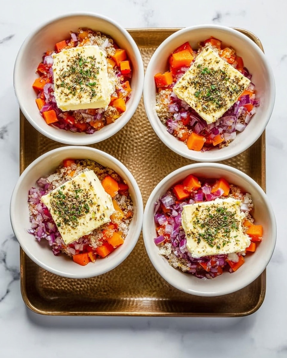 Four white ceramic bowls sit on a gold textured tray placed on a white marbled surface. Each bowl contains a base layer of small, bright orange and red cubed vegetables, topped with finely chopped red onions. On top of the vegetables, there is a square slab of pale yellow butter with sprinkle of green herbs and seasonings scattered over it. The layers combine warm orange, purple, creamy yellow, and green specks all visible in each bowl. photo taken with an iphone --ar 4:5 --v 7