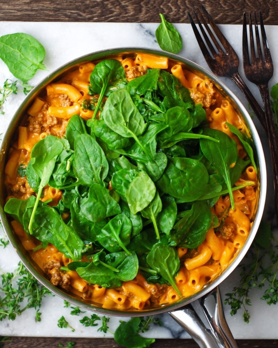 A metal pan filled with creamy orange pasta sauce mixed with short tube pasta and small bits of cooked meat, topped with a large pile of fresh green spinach leaves spread across the top. The pan rests on a white marbled surface with some scattered green herbs nearby, and to the right of the pan are two dark metal forks. Photo taken with an iphone --ar 4:5 --v 7