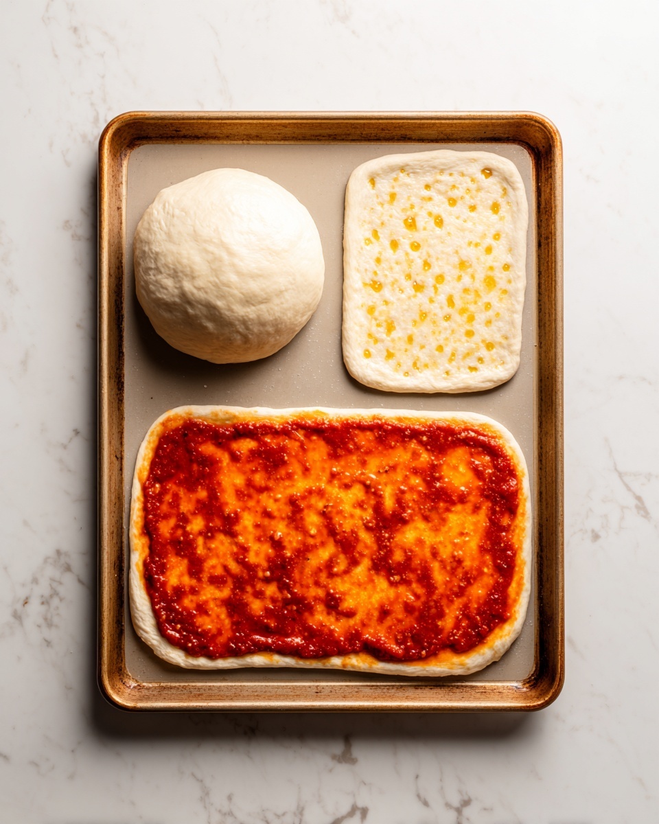 The image shows three panels of a pizza preparation on a baking tray placed on a white marbled surface. The first panel displays a smooth, round dough ball that is off-white in color. The second panel shows the dough rolled out into a rectangular shape, with small yellowish spots of oil or butter spread evenly on top. The third panel presents the same rectangular dough now covered with a bright red-orange sauce spread evenly but not fully to the edges, with some texture from the sauce visible on the surface. The baking tray is a light brown metal color. Photo taken with an iphone --ar 4:5 --v 7
