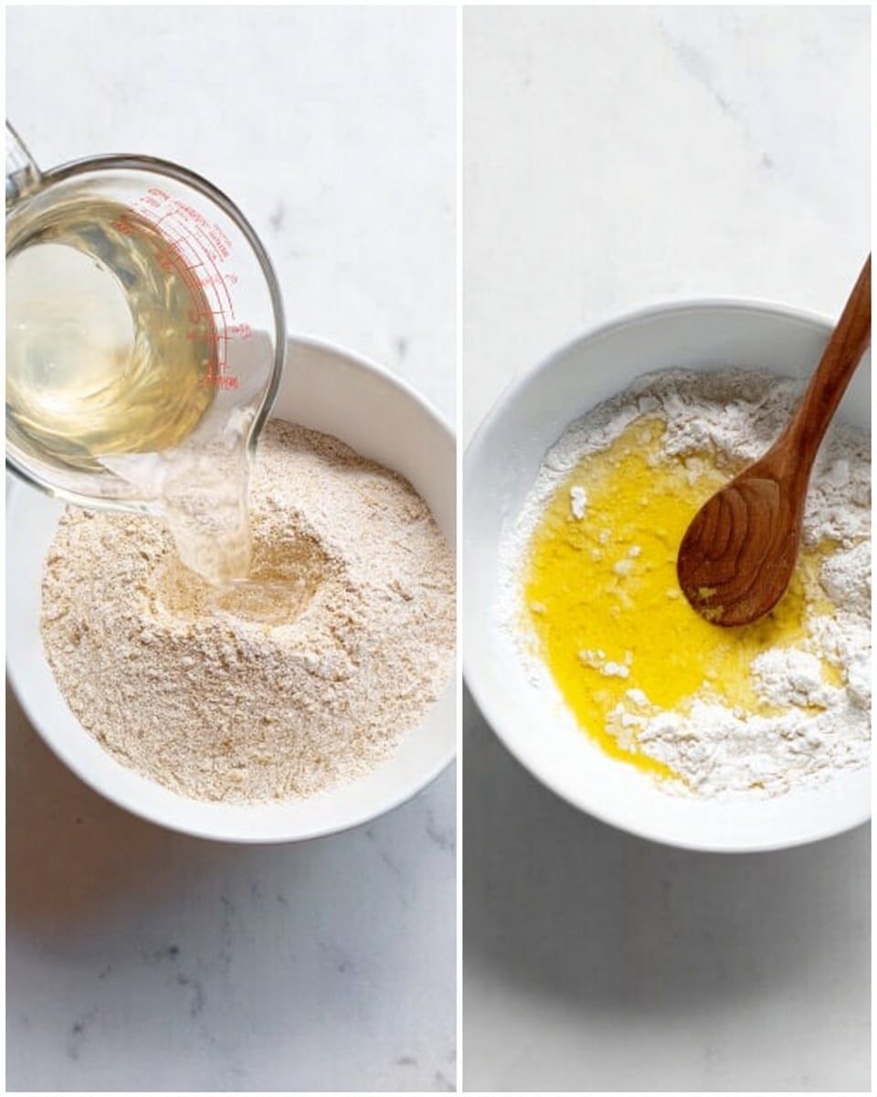 The left image shows a clear glass measuring cup pouring water into a white bowl filled with light brown yeast powder, placed on a white marbled surface. The right image shows a white bowl with white flour and yellow melted butter or oil on top, being mixed with a wooden spoon, also on a white marbled surface. Photo taken with an iphone --ar 4:5 --v 7
