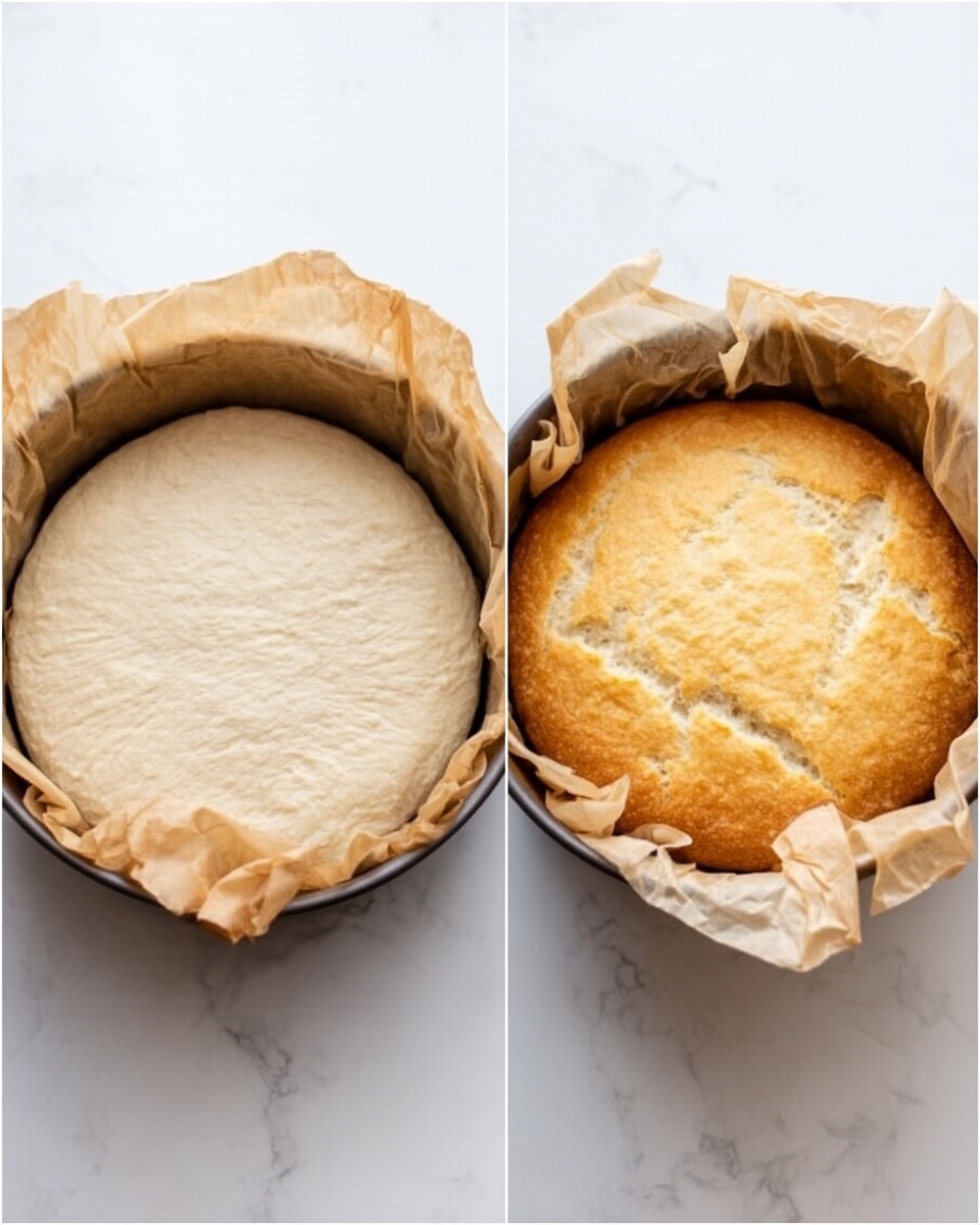 The image shows two round baking pans side by side, each lined with crumpled parchment paper. The left pan holds an uncooked dough with a smooth, pale surface that is pressed evenly inside the pan, while the right pan contains the same dough after baking, now golden brown with a lightly cracked and puffed texture. Both pans are placed on a white marbled surface. photo taken with an iphone --ar 4:5 --v 7