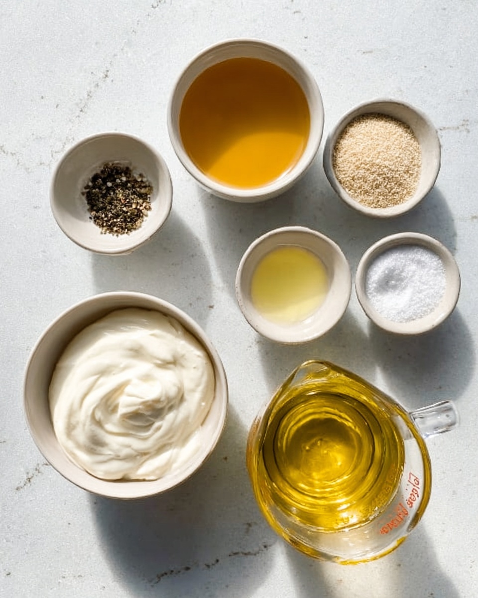 The image shows six small white bowls arranged on a white marbled surface. In the bottom left is a bowl filled with thick, creamy white sauce with a smooth texture. Above it to the left is a tiny bowl with black pepper, showing small dark dots. Directly above that is a bowl with a golden brown liquid, smooth on top. To the right of the pepper is a slightly larger bowl filled with light yellow liquid, clear and smooth. Above that bowl to the right is a bowl with light brown granules, fine and even. On the top right is a bowl with white granules, probably salt, sitting neatly. On the bottom right corner, a clear glass measuring cup holds golden yellow liquid. The lighting is soft and natural, showing all details clearly. photo taken with an iphone --ar 4:5 --v 7