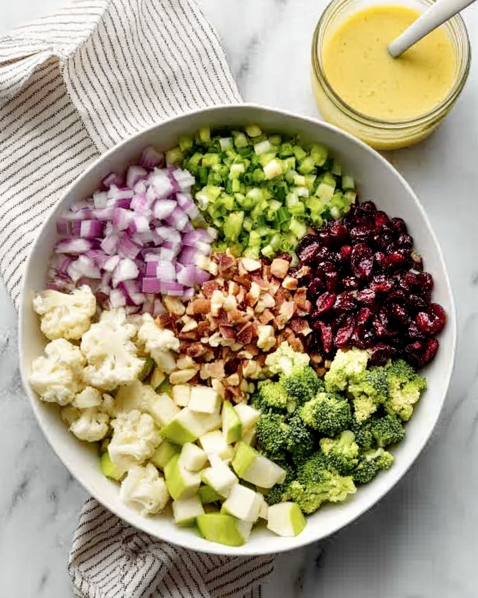 A white bowl filled with eight neat sections of chopped ingredients arranged in a circle on a white marbled surface. Starting from the top and moving clockwise: finely chopped red onions in pale purple, small chopped light green scallions, dark reddish-brown dried cranberries, light green chopped celery, white cauliflower florets, bright green broccoli florets, chopped small apple pieces that are cream and pinkish, and a handful of light brown roasted nuts near the center. A small glass jar of yellow salad dressing with a white spoon is placed behind the bowl. A light striped cloth is partially visible under the bowl. Photo taken with an iphone --ar 4:5 --v 7