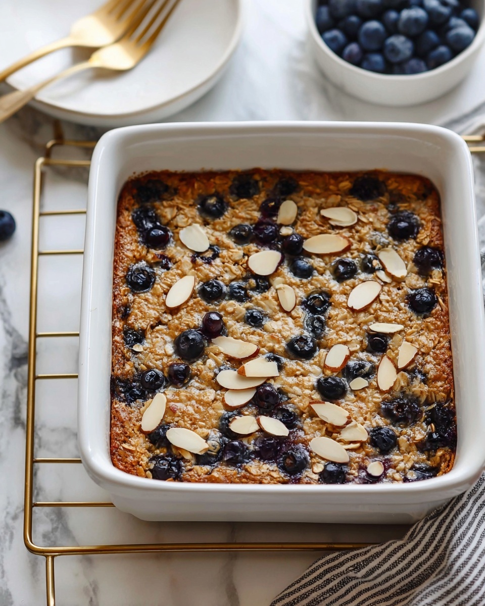 The image shows a square white ceramic baking dish filled with a baked oatmeal dish. The top layer is golden brown with scattered whole blueberries and thinly sliced almond pieces evenly spread across the surface. The texture looks slightly crunchy on the edges and soft in the middle. The baking dish sits on a gold metal cooling rack on a white marbled surface. In the background, there is a white bowl with a gold fork and a small white bowl filled with blueberries. A striped cloth is visible at the bottom right corner. Photo taken with an iphone --ar 4:5 --v 7