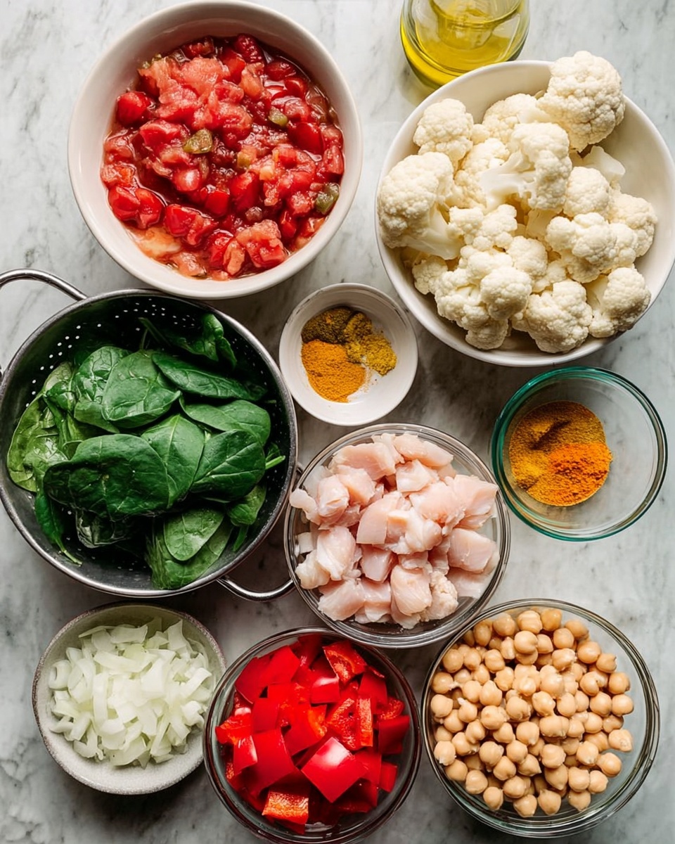 The image shows several small bowls and a white colander arranged on a white marbled surface, each holding different ingredients. Starting from the top, a white bowl contains bright red, chunky tomatoes with visible herbs. To the right, a white bowl is filled with off-white cauliflower florets. Below that is a small bowl with bright orange and yellow spice powders mixed with some salt. Next to it, a clear bowl holds small, diced light pink pieces of raw chicken. Below that, another clear bowl is filled with finely chopped red bell peppers. To the left, a metal bowl contains fresh dark green spinach leaves, and in the middle is a white colander holding pale beige chickpeas. Above the colander, a white bowl contains chopped white onions, and a very small bowl at the top holds finely chopped white garlic. A small glass of olive oil and a can of coconut milk are also included. The setting is neat and the colors of the fresh ingredients stand out against the clean white marbled surface. photo taken with an iphone --ar 4:5 --v 7