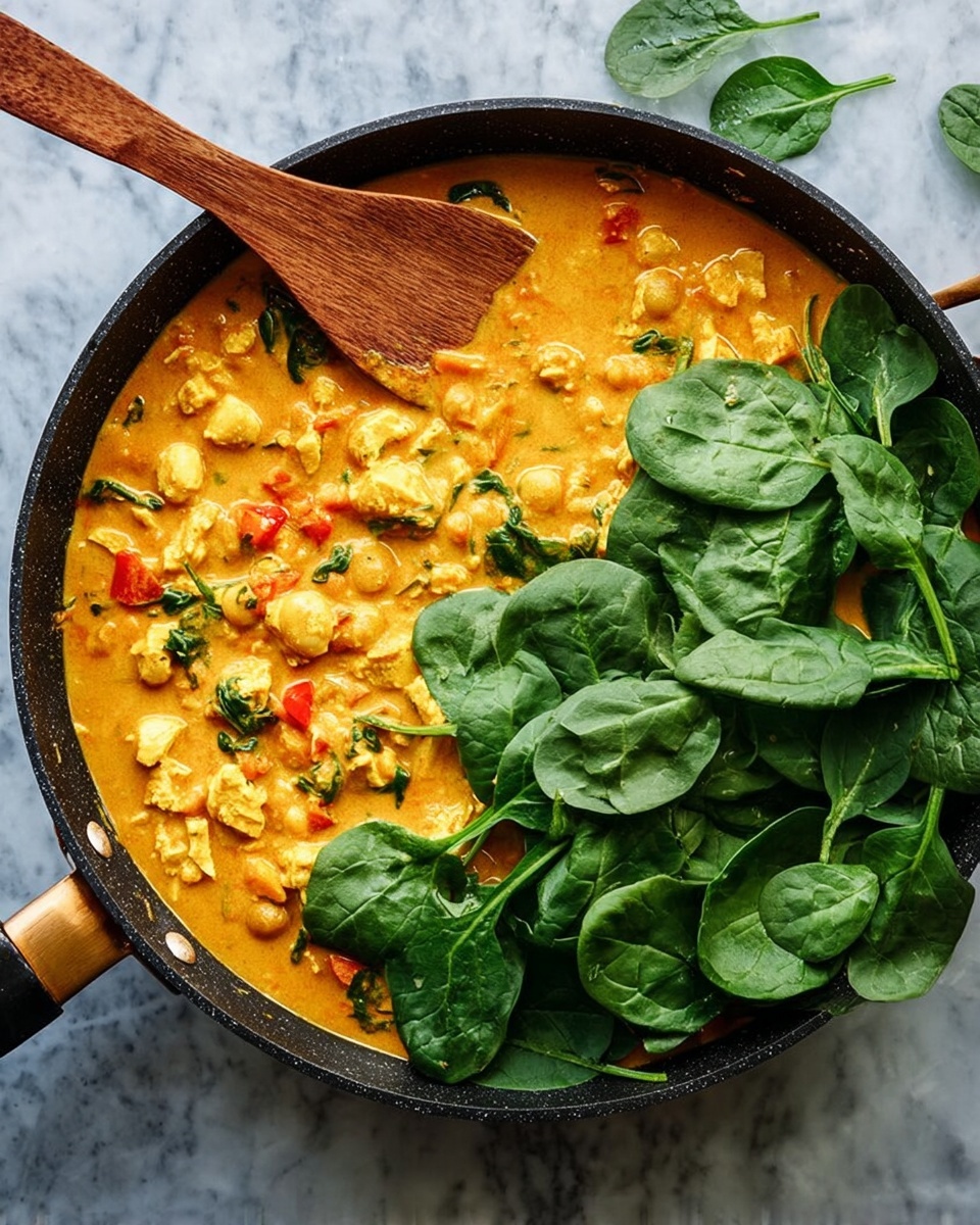 A round black pan filled with a thick orange curry containing light yellow chunks and small white round pieces, mixed with small red bits. Fresh dark green spinach leaves cover almost half of the curry on the right side. A wooden spoon rests on the left edge inside the pan. The background is a white marbled texture. Photo taken with an iphone --ar 4:5 --v 7