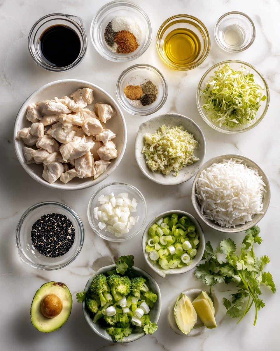 Top-down professional food photography, flat lay style, bright white marble countertop, neatly arranged, evenly spaced, tidy, clean organized layout, include: small glass cup of coconut aminos, small glass cup of toasted sesame oil, small glass cup of rice vinegar, small bowl of minced garlic, small bowl of grated peeled fresh ginger, small bowl of Chinese 5-spice powder, small glass cup of avocado oil, small glass cup of coconut oil, small glass cup of olive oil, small bowl of sliced white and light green parts of green onions, small bowl of sliced dark green parts of green onions, plate with prepared chicken pieces, two small bowls of broccoli slaw mix, small bowl of black sesame seeds, small bowl of sliced avocado, small bowl of fresh cilantro leaves, bright soft natural lighting, sharp focus, high detail textures, realistic reflections, professional DSLR look, 4K, no finished dish, no cooked food, no hands, no text, no watermark, no brand logos --ar 4:5 --v 7