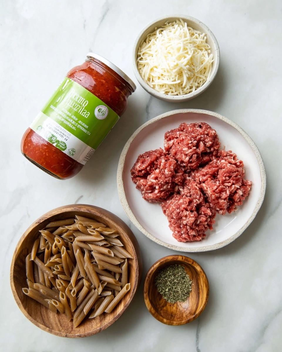 The image shows five items arranged on a white marbled surface: a closed jar of red tomato basil marinara sauce with a bright green label, a small round white bowl filled with shredded white cheese, a round white plate holding two different piles of raw ground meat (one lighter and one darker red), a wooden round bowl filled with uncooked brown penne pasta, and a small wooden bowl containing dried green herbs. The items are spaced out neatly with good lighting. photo taken with an iphone --ar 4:5 --v 7