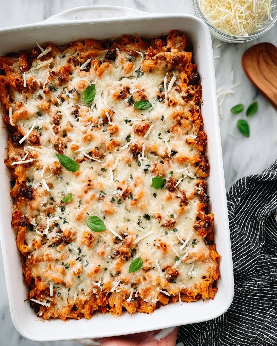 A white rectangular baking dish filled with baked pasta, showing two main layers: a base layer of cooked pasta mixed with a reddish tomato sauce and small bits of meat, and a thick top layer of melted golden brown cheese with some browned spots and a light sprinkle of shredded white cheese and a few small green basil leaves for garnish. The dish is placed on a white marbled surface, with a small bowl of shredded cheese partially visible in the top right corner and a wooden spoon nearby. A woman's hand holds the dish from the bottom edge, and the baking dish rests on a black and white striped cloth. photo taken with an iphone --ar 4:5 --v 7