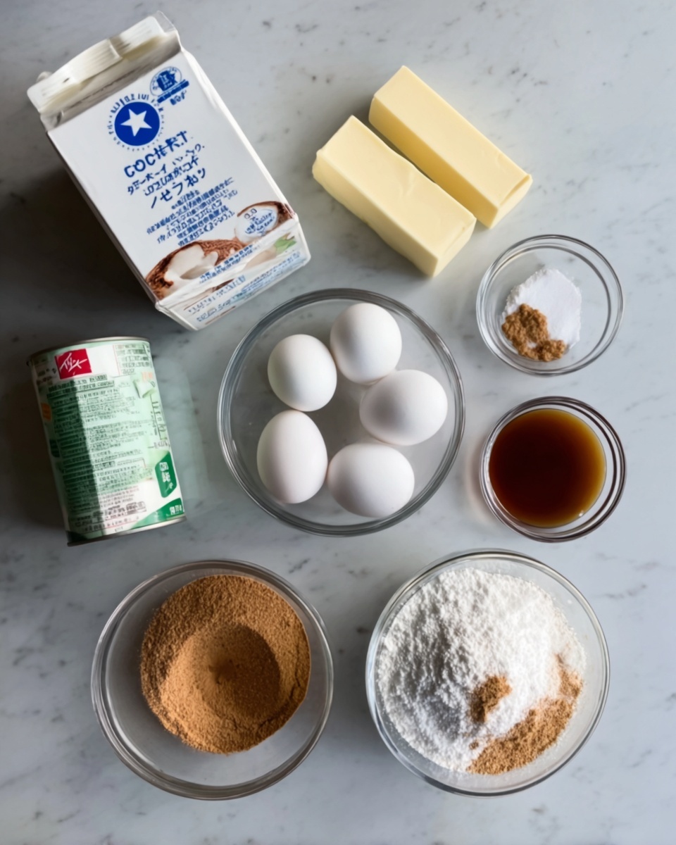 A top-down view of various baking ingredients arranged on a white marbled surface, including a white can of coconut milk, a white and green can with a food label, a white carton with Japanese text and a blue star, two sticks of pale yellow butter, a clear glass bowl with four white eggs, a small clear bowl with a dark brown liquid, a small clear bowl with white and brown powders, and a larger clear bowl filled with white and brown sugar mixed together. Photo taken with an iphone --ar 4:5 --v 7