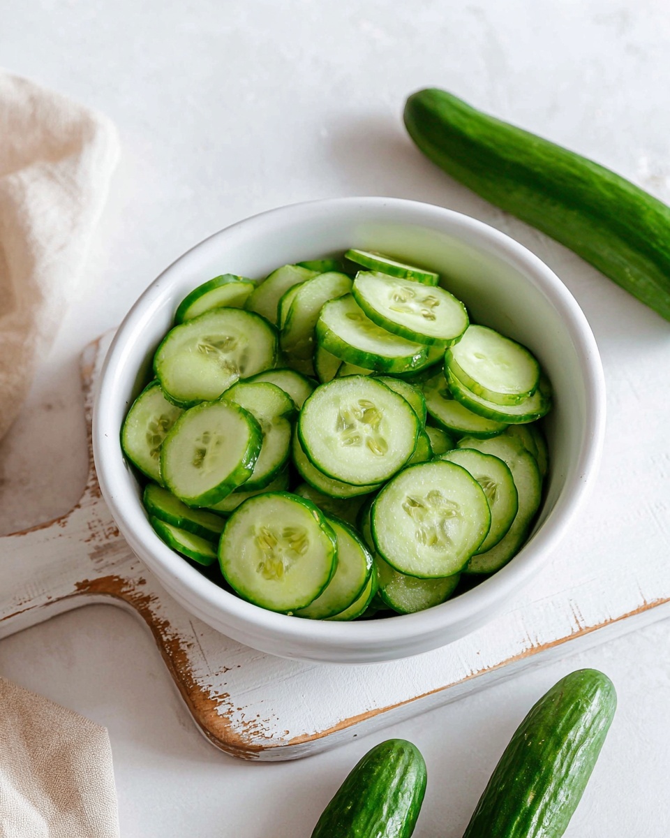 A white bowl filled with many slices of green cucumber, each slice showing a lighter green center with seeds arranged in a pattern. The bowl sits on a white wooden board with some worn edges, placed on a white marbled surface. Nearby, there are two whole green cucumbers lying on the surface. A piece of beige cloth is partially visible near the bowl. The colors are fresh and natural, with the green cucumbers contrasting with the white bowl and background. Photo taken with an iphone --ar 4:5 --v 7