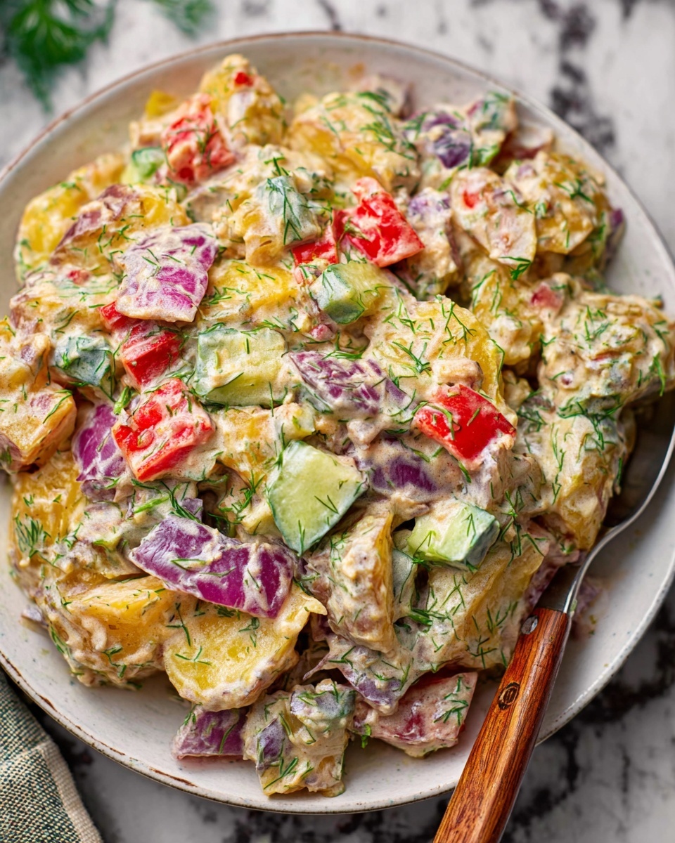 The dish shows a creamy potato salad served in a white bowl, placed on a white marbled surface. It has chunks of yellow and purple potatoes mixed with bright green cucumber pieces and red bell pepper cubes. Thin slices of purple onion are scattered throughout. The salad is coated in a creamy sauce with green herbs mixed in, giving a fresh look. A spoon with a wooden handle is partially visible at the edge of the bowl, with a woman's hand holding it. Photo taken with an iphone --ar 4:5 --v 7