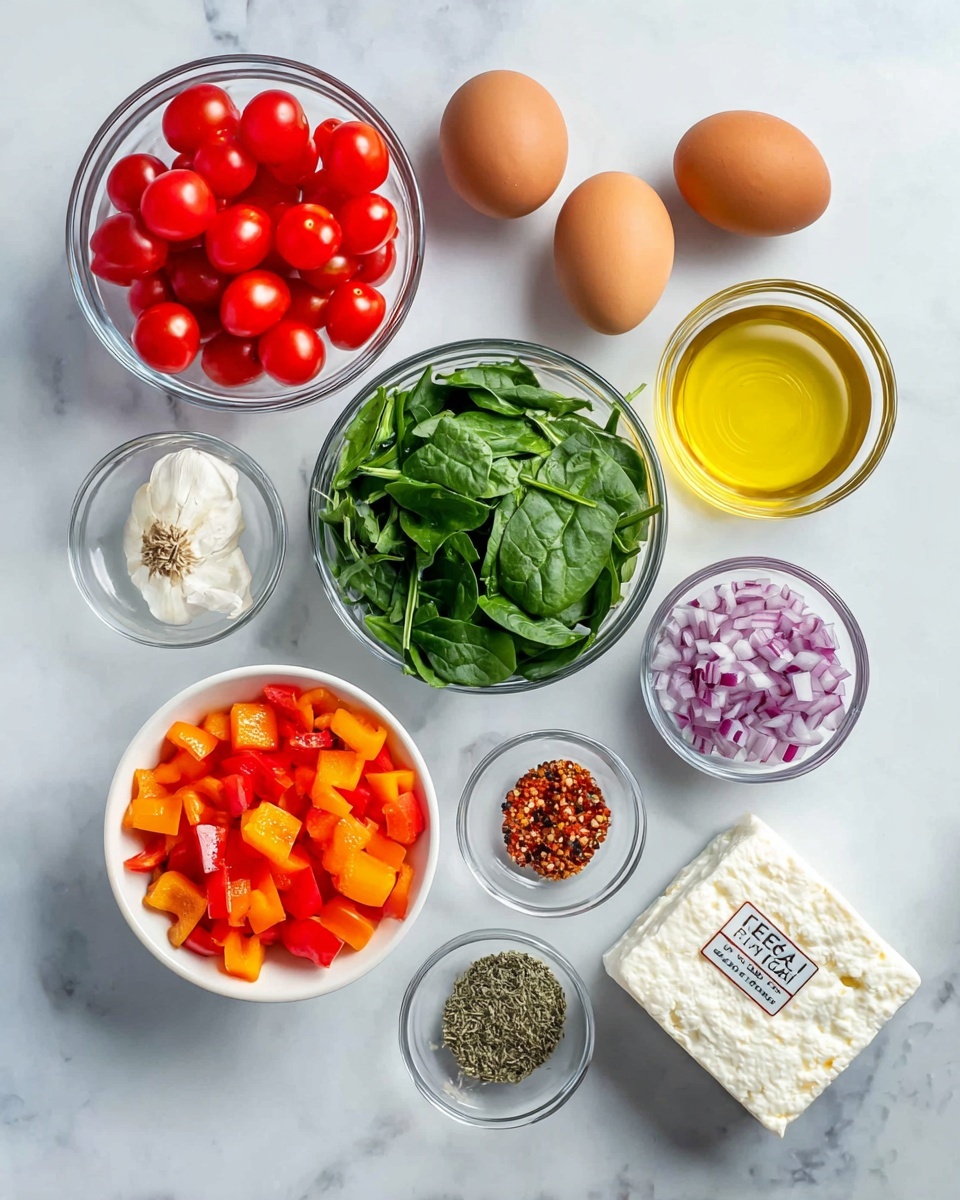 The image shows a white marbled surface with nine visible ingredients arranged neatly. In the top left, there is a clear glass bowl filled with bright red cherry tomatoes. To the right, four brown eggs are placed directly on the surface. Below the eggs, a small glass bowl holds a golden-yellow liquid, likely olive oil. At the center, a clear bowl contains fresh, vibrant green spinach leaves. Below the spinach is a white round bowl filled with diced orange bell peppers. To the right of the bell peppers, a clear bowl has finely chopped purple-red onions. Near the bottom center, a small white bowl contains mixed herbs and spices with visible flakes of salt, pepper, and red chili. Next to it, a tiny glass bowl holds minced garlic. On the left side near the bottom is a block of white feta cheese with a label. All items are spotless and neatly arranged on the white marbled surface, photo taken with an iphone --ar 4:5 --v 7