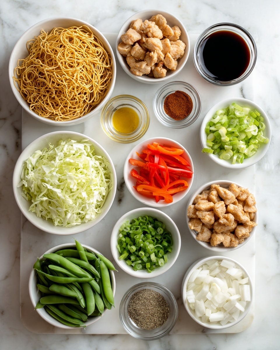 Top-down professional food photography, flat lay style, bright white marble countertop, neatly arranged, evenly spaced, tidy, clean organized layout. Include: bowl of dried chow mein noodles, large bowl of prepared chicken pieces seasoned with spices, small bowl of thinly sliced onions, small bowl of petite green beans cut into pieces, small bowl of sliced spears, small bowl of thinly shredded green cabbage, small bowl of julienned carrots, small bowl of finely chopped white parts of green onions, small bowl of finely chopped green parts of green onions, small bowl of baby bell peppers, small bowl of dried thyme, small bowl of salt, small bowl of black pepper, small bowl of Chinese five spice powder, small glass cup of cooking oil, small glass cup of soy sauce substitute, small bowl of grated garlic, small bowl of brown sugar, small bowl of spicy brown mustard, small bowl of ketchup, small bowl of garlic powder, small bowl of onion powder. Bright soft natural lighting, sharp focus, high detail textures, realistic reflections, professional DSLR look, 4K. No finished dish, no cooked food, no hands, no text, no watermark, no brand logos --ar 4:5 --v 7