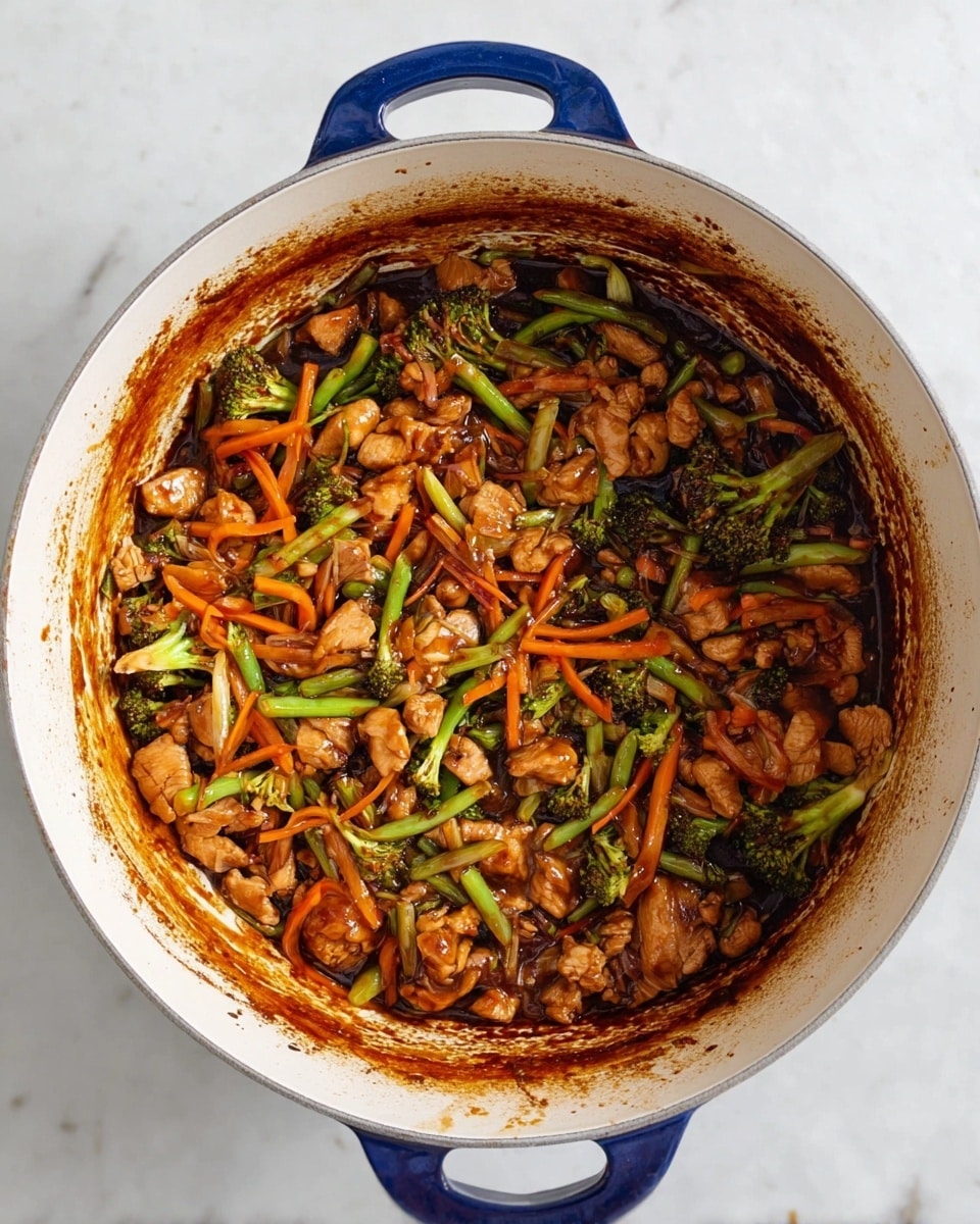 A large white pot with blue handles is filled with a stir-fry mix that shows three layers of ingredients. The bottom layer is dark brown cooked sauce residue evenly spread on the pot's sides. Above it is a layer of small, browned chicken pieces that look tender and juicy. Mixed on top and throughout are thin orange strips of carrots, small bright green broccoli florets, and slim green beans, adding fresh colors and textures. The pot sits on a white marbled surface. photo taken with an iphone --ar 4:5 --v 7