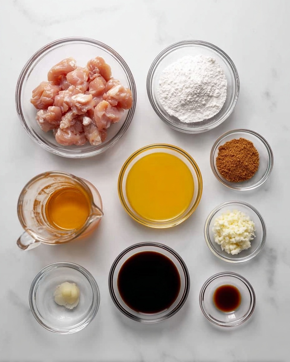 The image shows eleven small clear glass bowls arranged on a white marbled surface. The largest bowl in the bottom left contains pieces of raw chicken with a pink color and soft texture. Above it is a medium-sized bowl with white powder, likely flour or cornstarch. Next to it, a medium bowl holds brown sugar with a dry and grainy texture. In the center bottom, a clear pitcher contains an orange-yellow liquid that looks like juice. To the right of it is a small bowl with dark brown soy sauce. On the right side, four smaller bowls hold minced garlic, white powder, ginger paste, and water, each with different textures from smooth and wet to dry and powdery. The setup is clean with ingredients organized in a grid. Photo taken with an iphone --ar 4:5 --v 7