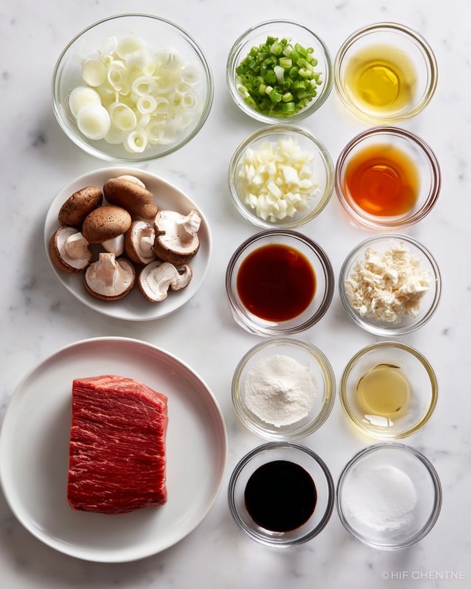 The image shows a white round plate on the left side with a single piece of raw red meat, smooth and fresh. To the right of the plate are several small clear glass bowls arranged in a grid on a white marbled surface. The top row has green onion pieces, light yellow oil, dark red sauce, and white granulated sugar. The second row has white sliced onions, dark brown sauce, finely chopped garlic, and light brown liquid. The third row shows brown mushrooms cut in halves and quarters, white powder, light yellow lemon juice, and amber liquid. At the bottom are three small bowls with clear liquid, white powder, and black soy sauce. The colors include reds, browns, yellows, whites, and greens, with all items neatly spread out as ingredients for cooking. photo taken with an iphone --ar 4:5 --v 7