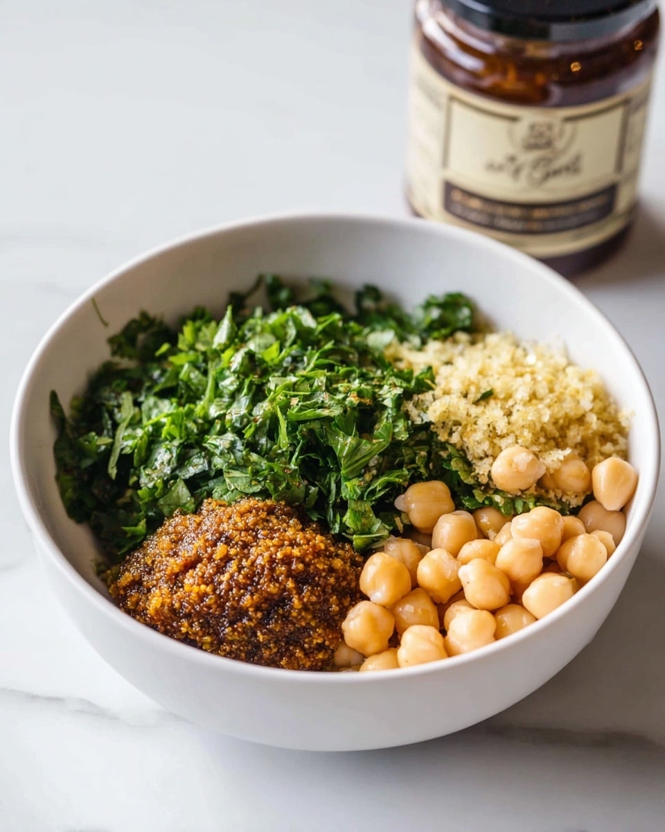 A white bowl sits on a white marbled surface, filled with three main layers. On the left is a textured dark yellow-brown grainy mustard layer, next to it in the middle is a bright green mix of chopped fresh herbs with leafy texture, and on the right is a smooth cluster of pale yellow chickpeas. Behind the bowl, a brown jar with a label is slightly blurred. Photo taken with an iphone --ar 4:5 --v 7