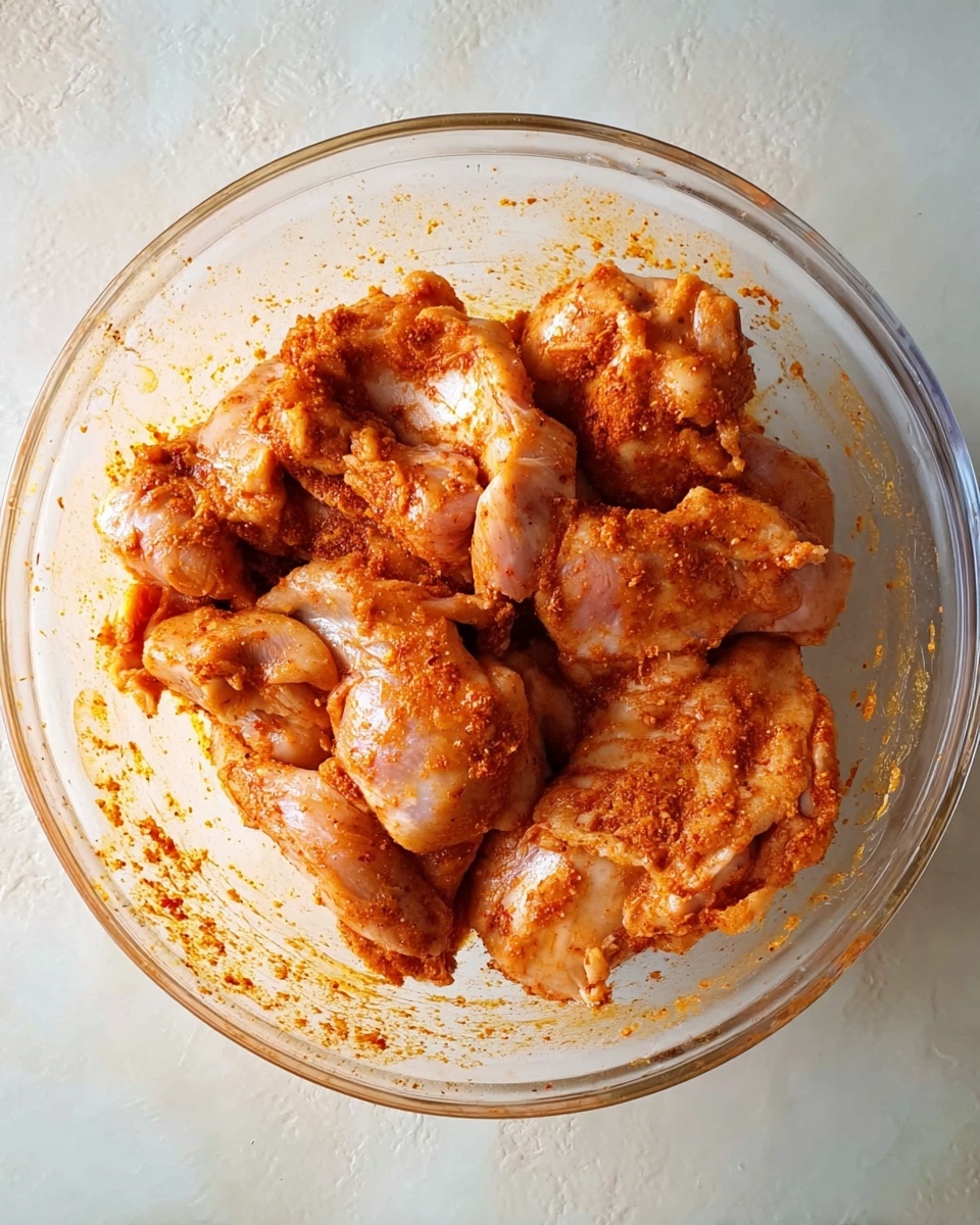A clear glass bowl on a white marbled texture is filled with several pieces of raw chicken coated with a reddish-orange spice mix. The chicken pieces vary in size and are arranged unevenly in one layer, showing the texture of the meat with visible seasoning spread all over. Small bits of spice cling to the sides of the bowl, adding more color contrast to the light background. Photo taken with an iphone --ar 4:5 --v 7