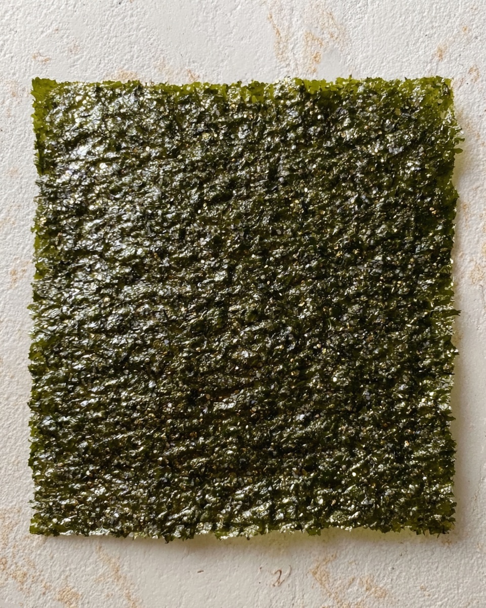 The image shows a single square sheet of dark green seaweed with a rough, textured surface. The seaweed is laid flat on a white marbled background, and it appears dry and slightly crinkled with small shiny spots reflecting light. The edges are straight but uneven, showing the delicate thin layers of the seaweed sheet. Photo taken with an iphone --ar 4:5 --v 7