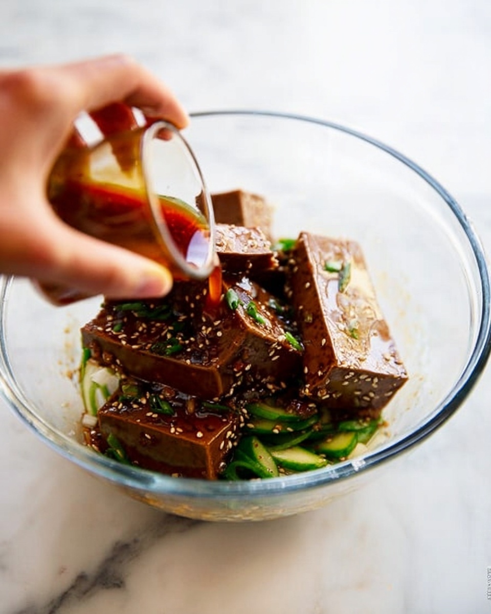 A clear glass bowl sits on a white marbled surface, filled with several thick, rectangular slices of brown tofu layered on top of a bed of thinly sliced green vegetables. The tofu pieces have a shiny, slightly wet texture, some with visible sesame seeds and small green herbs sprinkled over them. A woman's hand is pouring a reddish-brown sauce from a small glass cup over the tofu, adding a glossy finish to the dish. Photo taken with an iphone --ar 4:5 --v 7