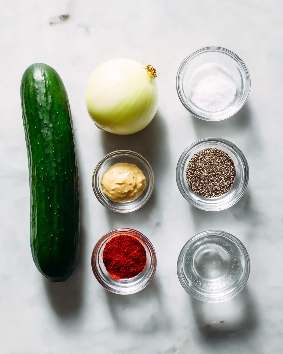 A fresh dark green cucumber on the left side, next to a light yellow half onion. To the right, there are six small clear glass bowls arranged in two rows. The top row has three bowls with bright red chili powder, thick pale yellow paste, and light brown chia seeds. The bottom row has three bowls with white salt crystals, clear water, and fine white sugar. All items are placed on a white marbled surface. photo taken with an iphone --ar 4:5 --v 7