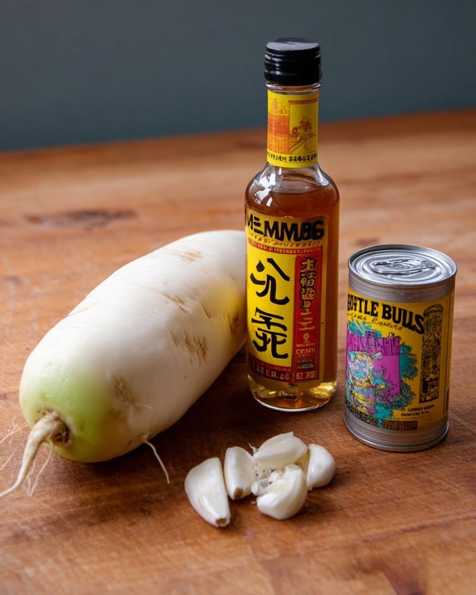 A large, smooth white radish with a pale green tint near the top is placed on a wooden surface next to a clear glass bottle of brown liquid with a yellow and red label and a black cap, accompanied by a small pile of white garlic cloves in front of them, and a can of Bumble Bee chopped clams in clam juice with a silver top and a yellow and purple label on the right. photo taken with an iphone --ar 4:5 --v 7